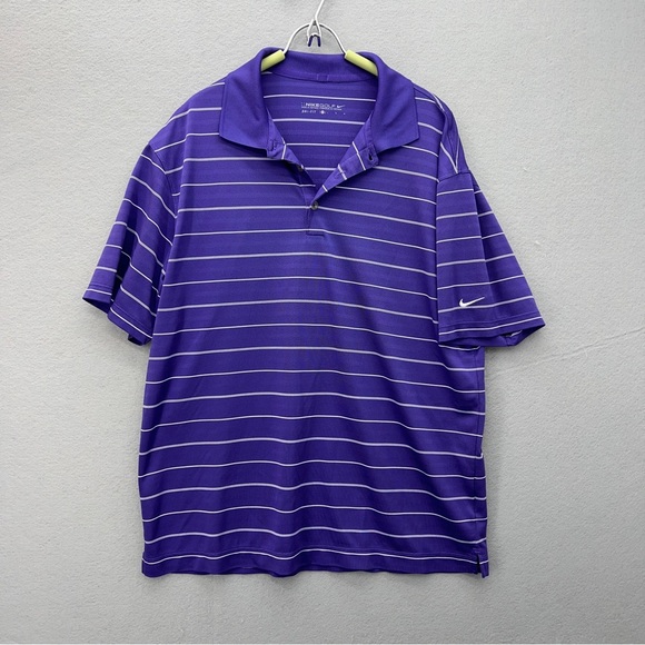 Nike Golf Dri Fit Polo Shirt Mens Size L Purple Striped Short Sleeve Logo - Picture 1 of 7